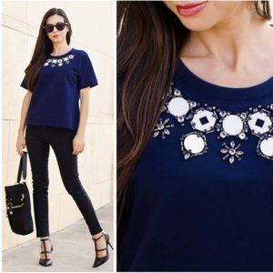 J. Crew Navy Blue Crewneck Blouse with Beaded Collar Size Small